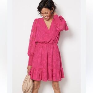 Evereve Penelope Dress V-Neck Ruffle Hem Fuchsia Sz S